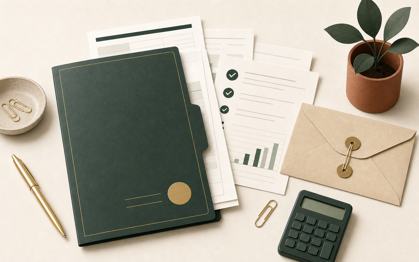 Illustration of a closed folder, blank documents, envelope, and checklist for CPA handoff.