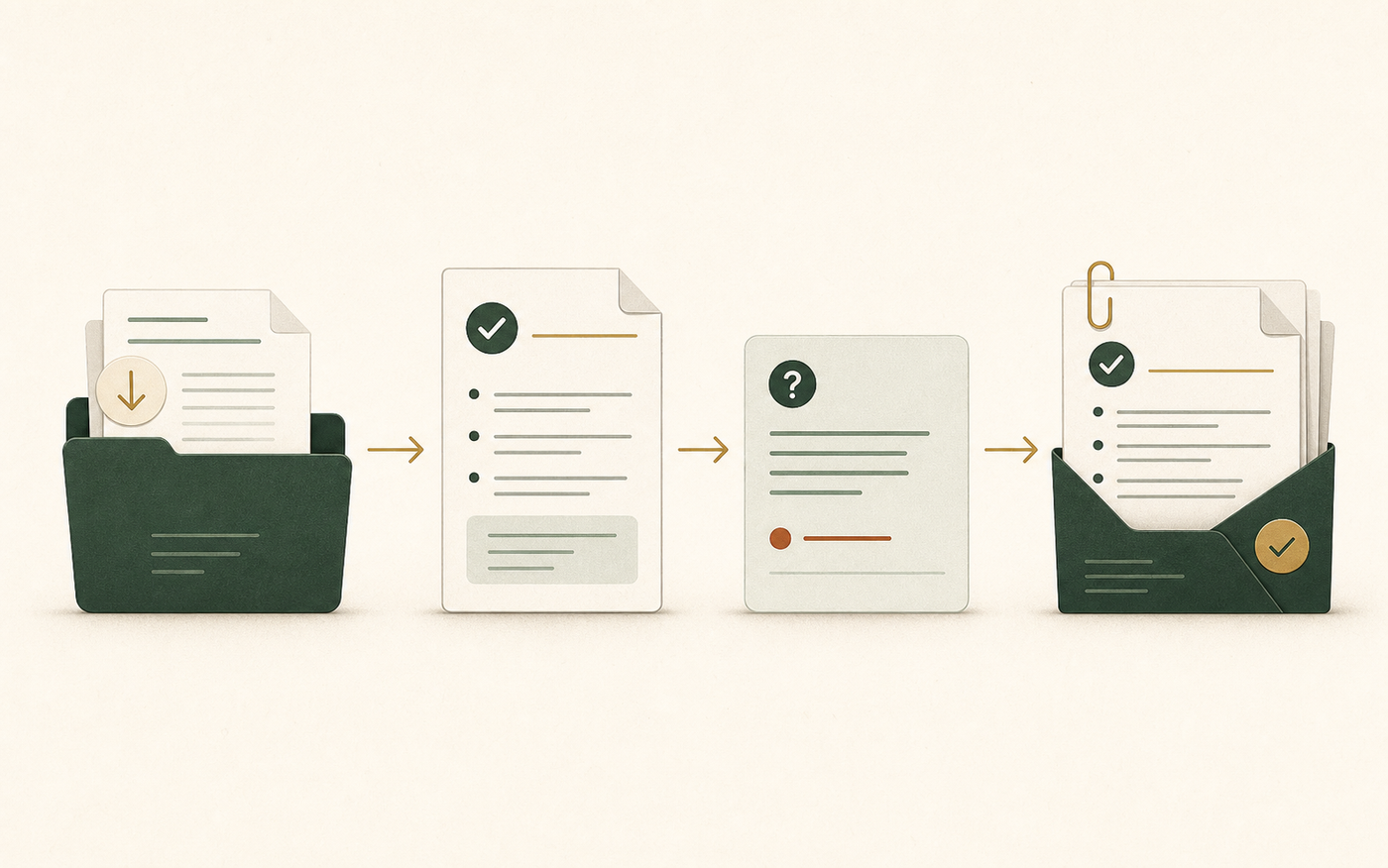 Illustration of payroll export, method notes, question card, and handoff packet connected in a workflow.
