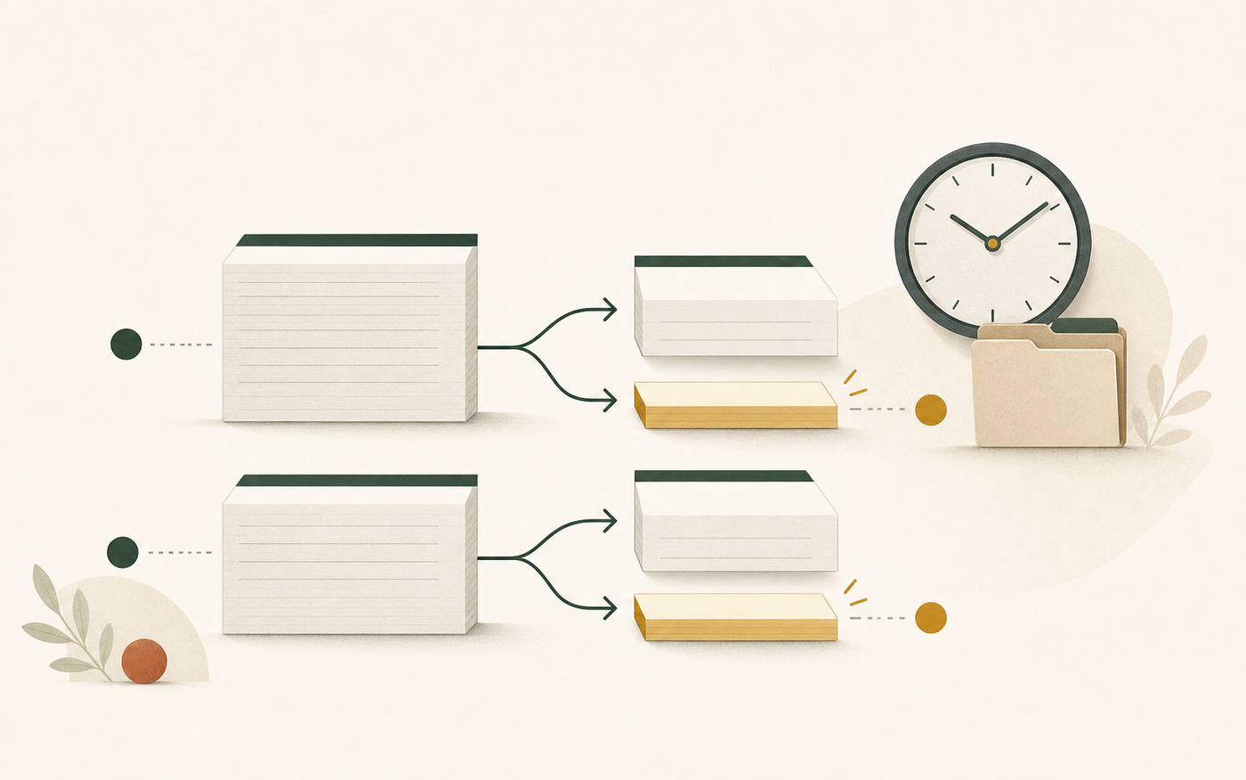 Illustration of payroll record stacks splitting into a highlighted overtime premium portion.